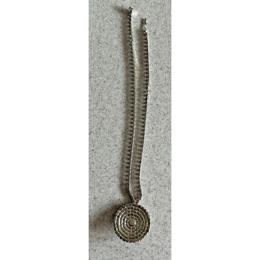 Vintage Silver-Tone Circle Rhinestone Necklace w/ Rhinestone Chain